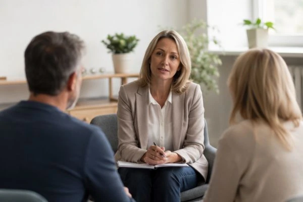 Couple discussing financial arrangement , pensions in divorce Ryde
